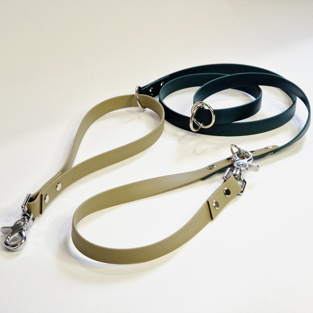 Dark Green Biothane Multifunctional Dog Leash with Silver Carabiners, thoughtfully arranged for display.